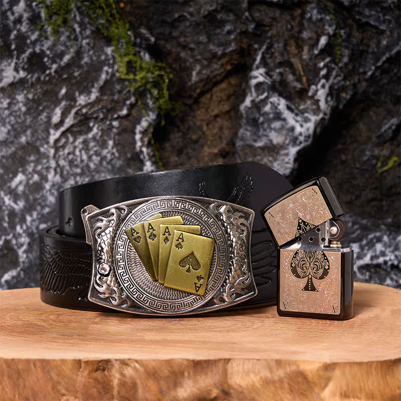 Poker Ace DIY Hidden Knife Belt Buckle Black Ice Lighter Bundle Set - Poker - Black Embossed Eagle Belt - 42 - image 3