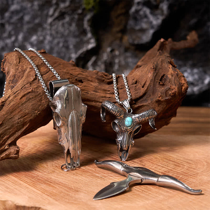 Longhorn Bull Pendant Turquoise Ram Horn Head Necklace Bundle Set - Silver - image 3