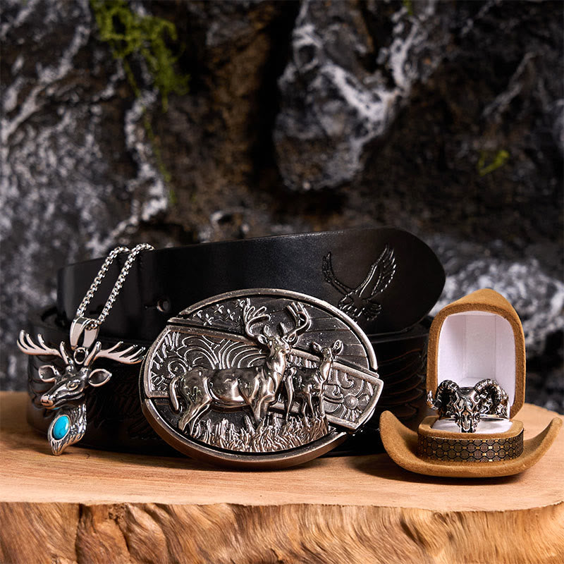 Deer Flag DIY Hidden Knife Belt Buckle With Ghost Goat Ring Bundle Set - Deer Flag - Black Embossed Eagle Belt - 42 - image 0
