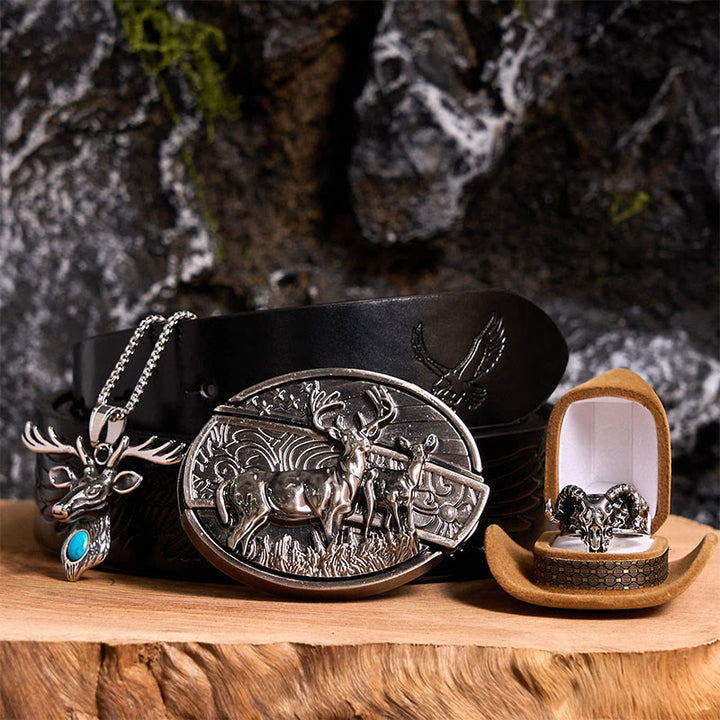Deer Flag DIY Hidden Knife Belt Buckle With Ghost Goat Ring Bundle Set - Deer Flag - Black Embossed Eagle Belt - 42 - image 0