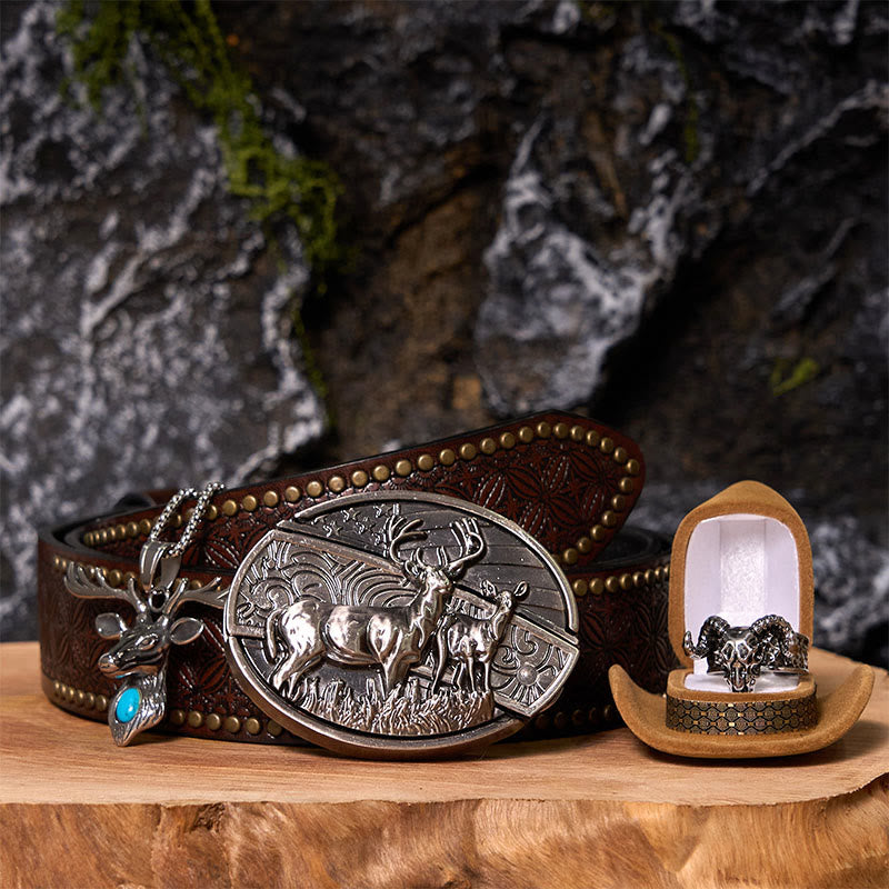 Deer Flag DIY Hidden Knife Belt Buckle With Ghost Goat Ring Bundle Set - Deer Flag - Brown Rivet Belt - 42 - image 8