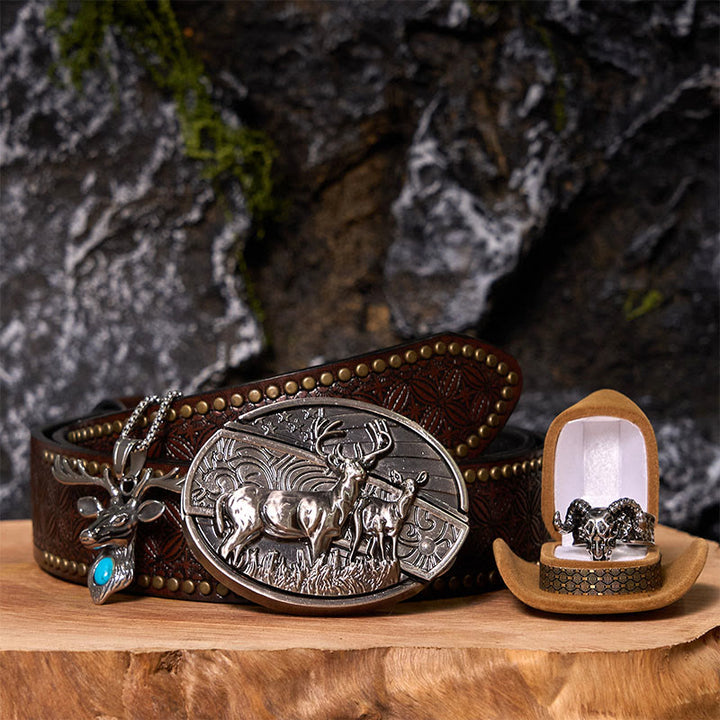 Deer Flag DIY Hidden Knife Belt Buckle With Ghost Goat Ring Bundle Set - Deer Flag - Brown Rivet Belt - 42 - image 8