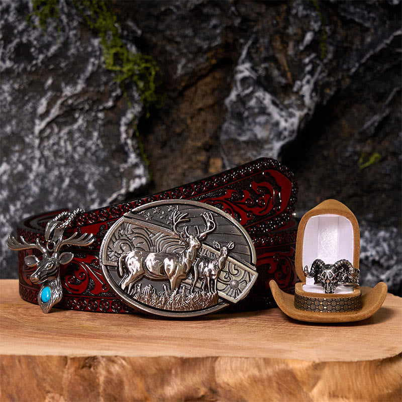 Deer Flag DIY Hidden Knife Belt Buckle With Ghost Goat Ring Bundle Set - Deer Flag - Brown Carved Belt - 42 - image 10