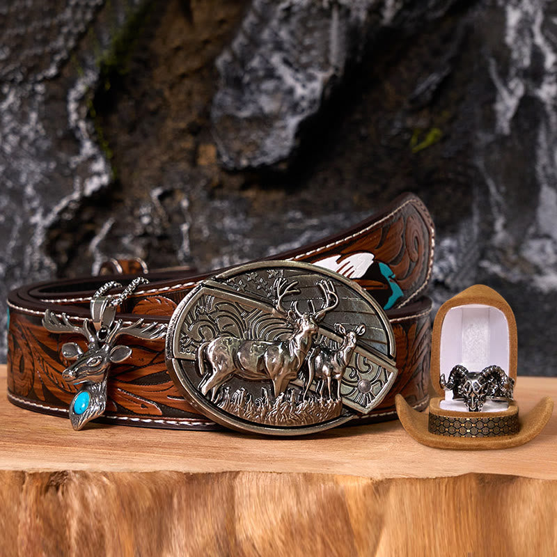 Deer Flag DIY Hidden Knife Belt Buckle With Ghost Goat Ring Bundle Set - Deer Flag - Brown Feather Belt - 40 - image 11