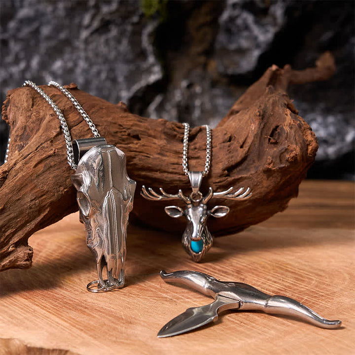 Longhorn Bull Pendant Turquoise Elk Head Necklace Bundle Set  - Silver - image 4