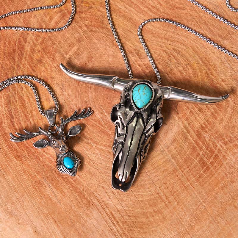 Longhorn Bull Pendant Turquoise Elk Head Necklace Bundle Set  - image 1