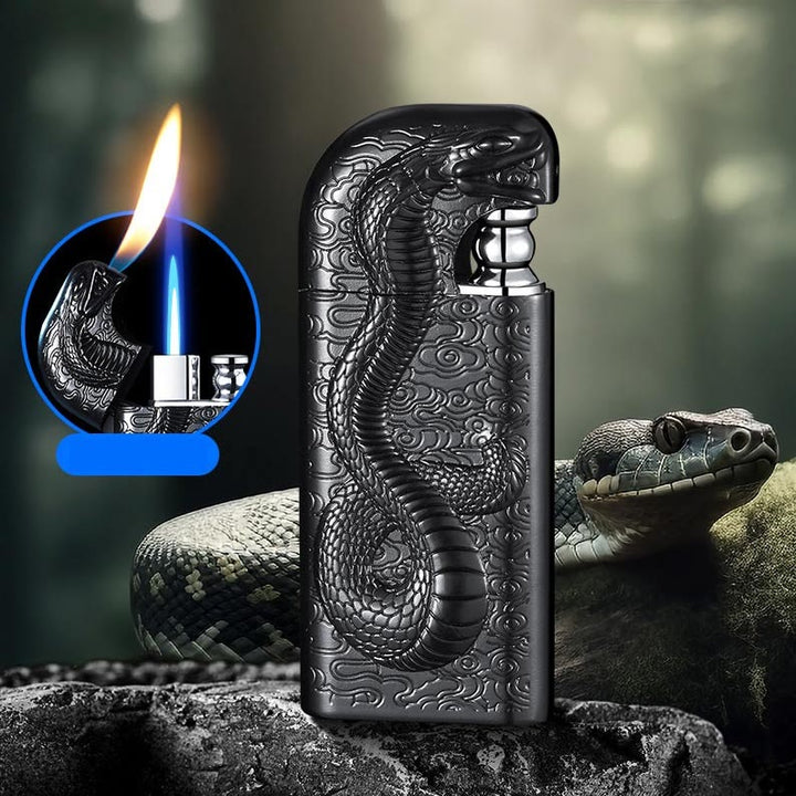 Double Flame Embossed Serpent King Refillable Butane Lighter