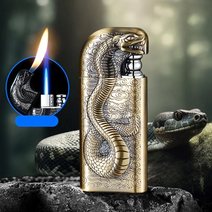 Double Flame Embossed Serpent King Refillable Butane Lighter - Goldenrod - image 18