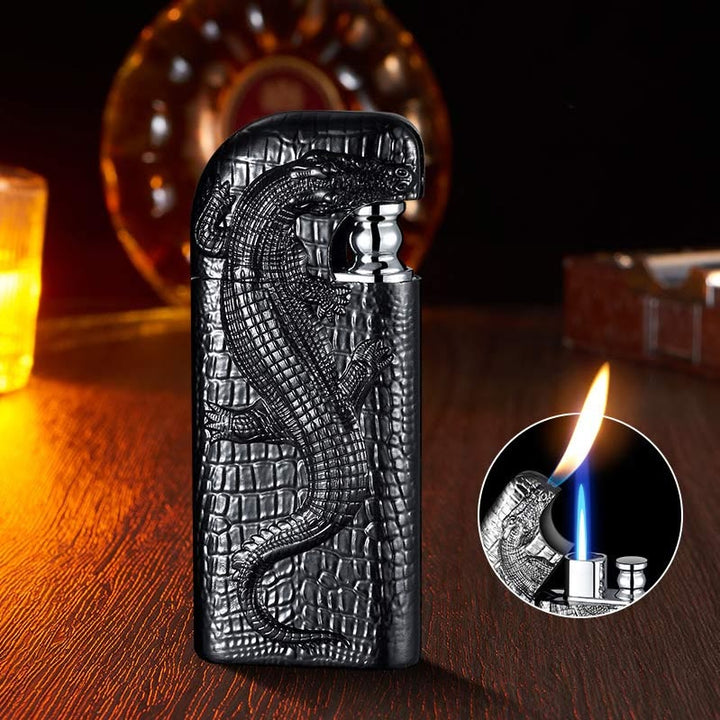 Double Flame Embossed Wild Crocodile Refillable Butane Lighter - Black - image 16