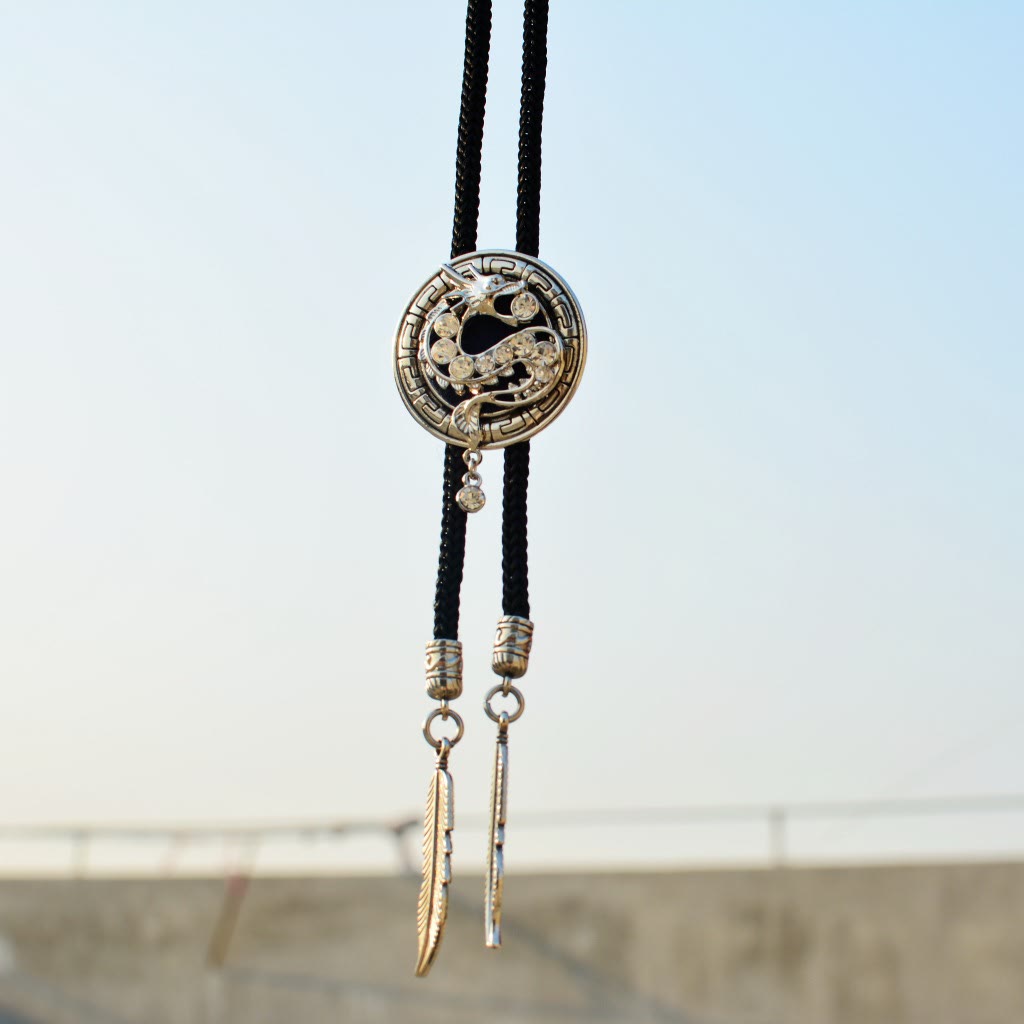 Western Rhinestone Dragon With Feather Bolo Tie