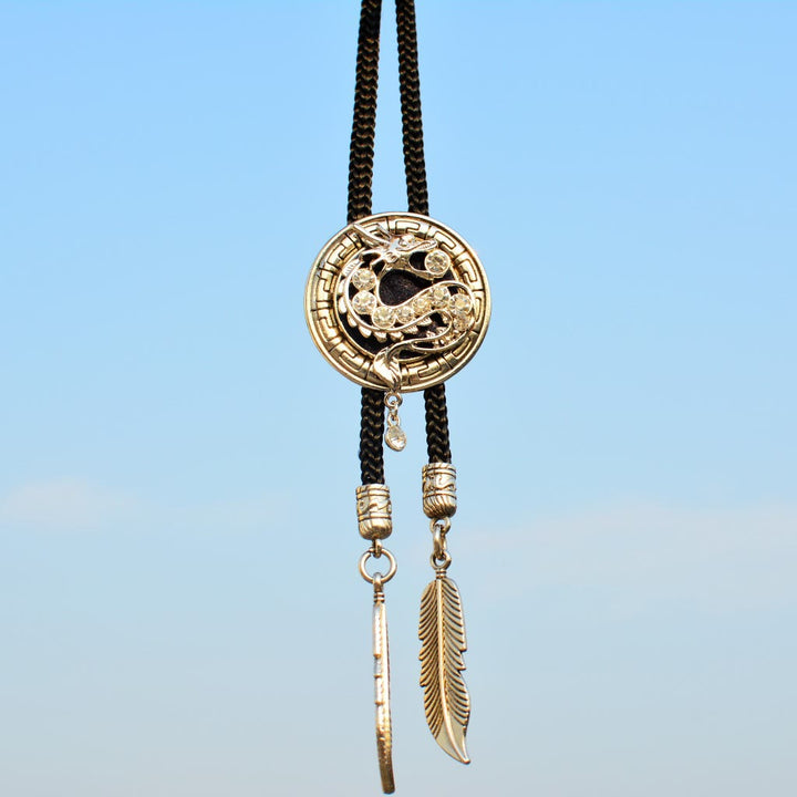 Western Rhinestone Dragon With Feather Bolo Tie