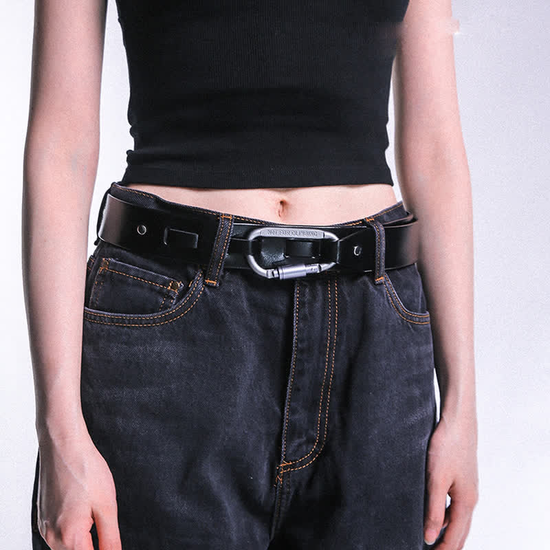 Unique Climbing Button Buckle Black Leather Belt