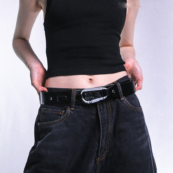 Unique Climbing Button Buckle Black Leather Belt