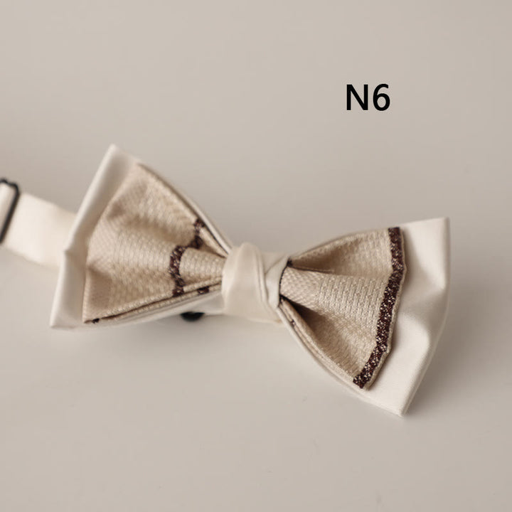 Beige Pattern Two-Layer Satin Adjustable Strap Bow Tie - Style #6 - image 8