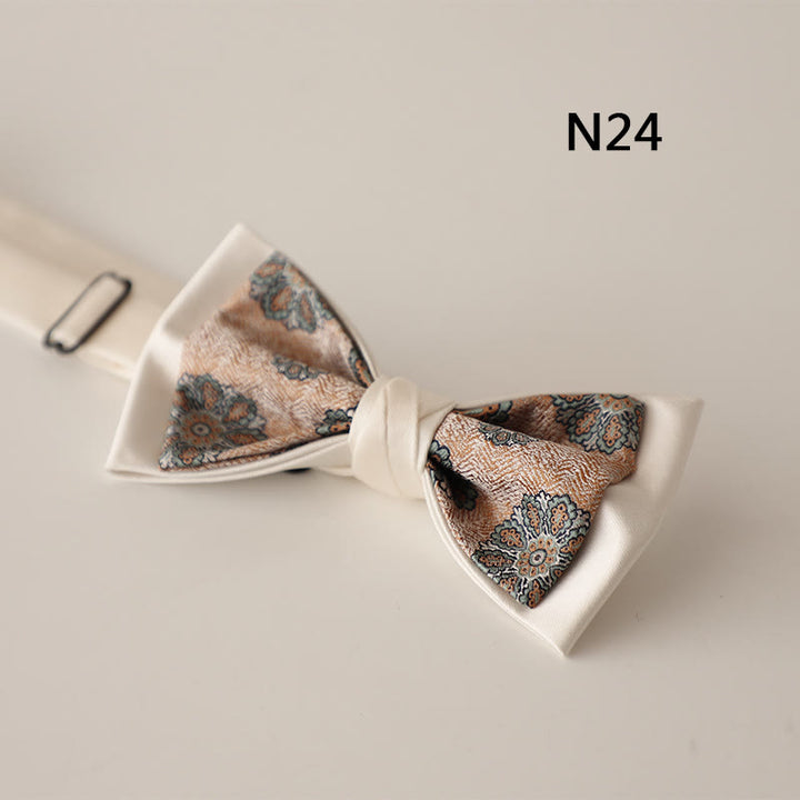 Beige Pattern Two-Layer Satin Adjustable Strap Bow Tie - Style #24 - image 25