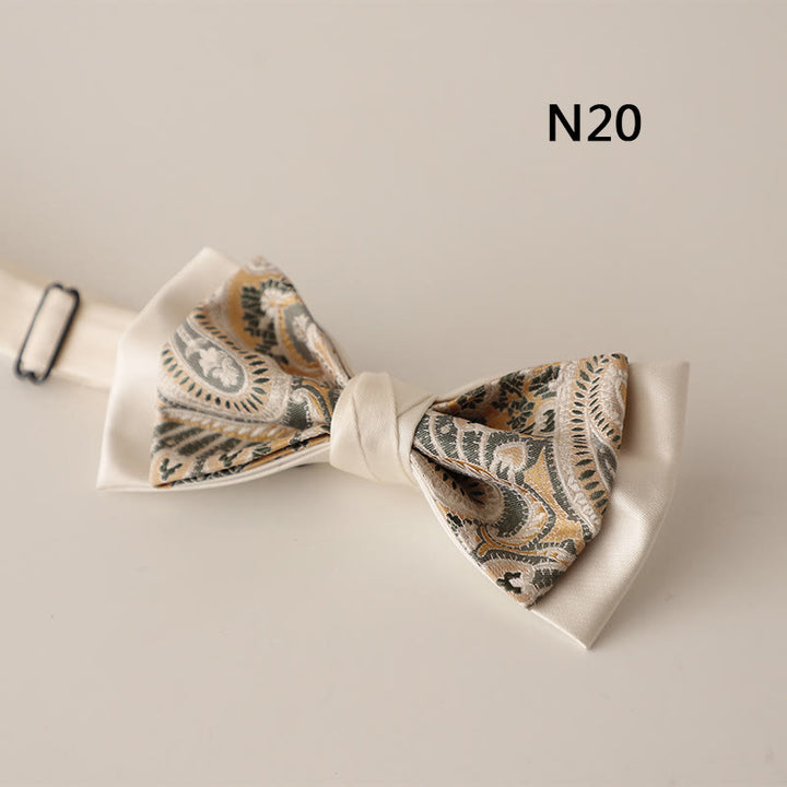 Beige Pattern Two-Layer Satin Adjustable Strap Bow Tie - Style #20 - image 21