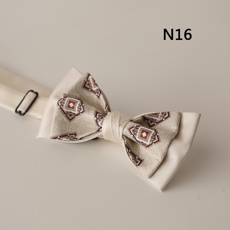 Beige Pattern Two-Layer Satin Adjustable Strap Bow Tie - Style #16 - image 17