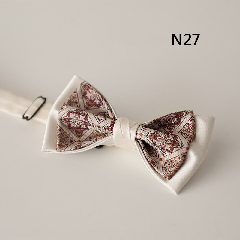 Beige Pattern Two-Layer Satin Adjustable Strap Bow Tie - Style #27 - image 28