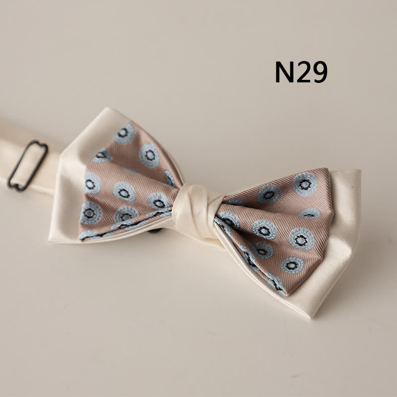 Beige Pattern Two-Layer Satin Adjustable Strap Bow Tie - Style #29 - image 30