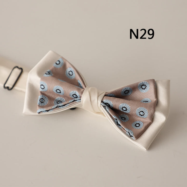 Beige Pattern Two-Layer Satin Adjustable Strap Bow Tie - Style #29 - image 30
