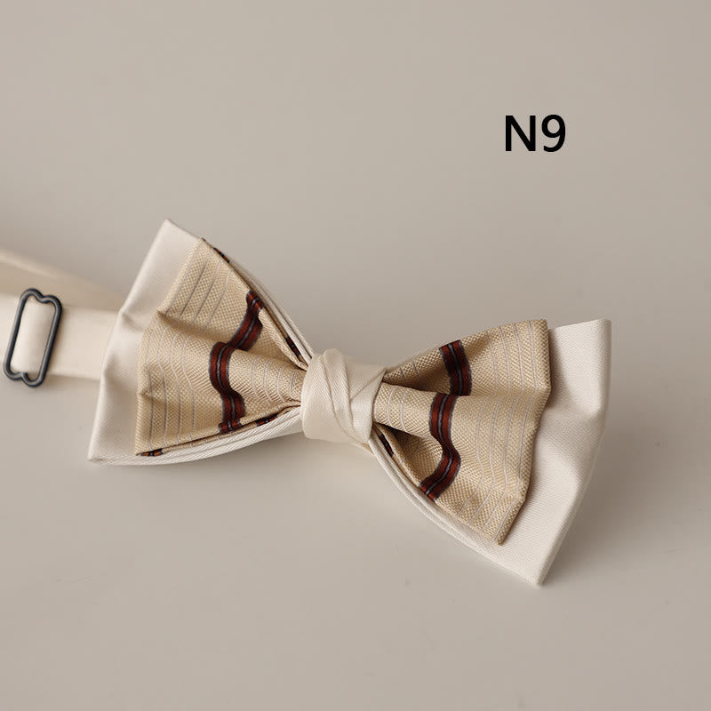 Beige Pattern Two-Layer Satin Adjustable Strap Bow Tie - Style #9 - image 10