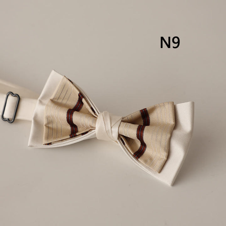 Beige Pattern Two-Layer Satin Adjustable Strap Bow Tie - Style #9 - image 10