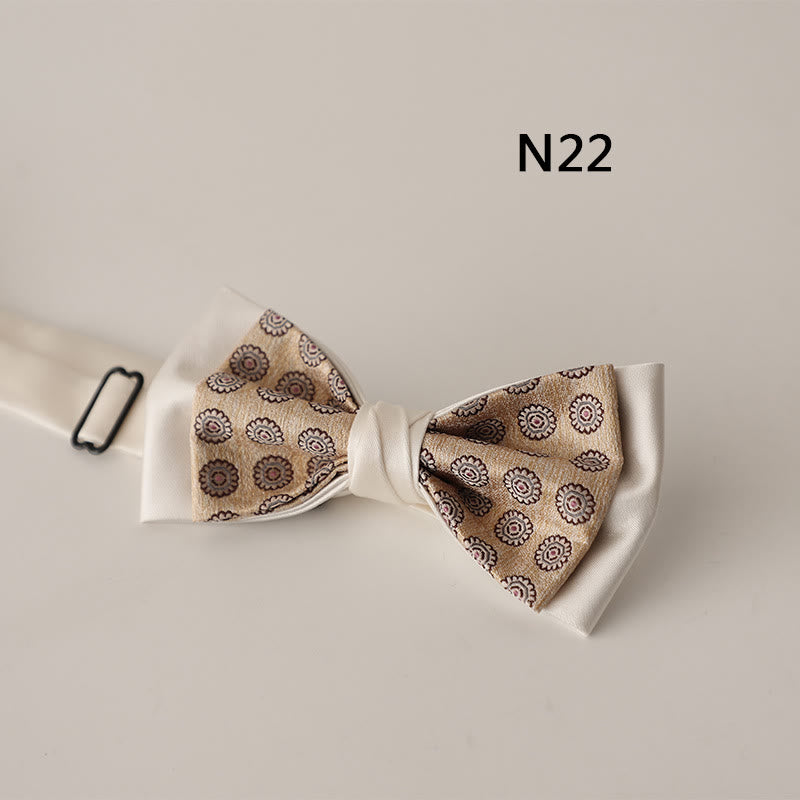 Beige Pattern Two-Layer Satin Adjustable Strap Bow Tie - Style #22 - image 23