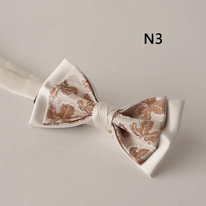 Beige Pattern Two-Layer Satin Adjustable Strap Bow Tie - Style #3 - image 5