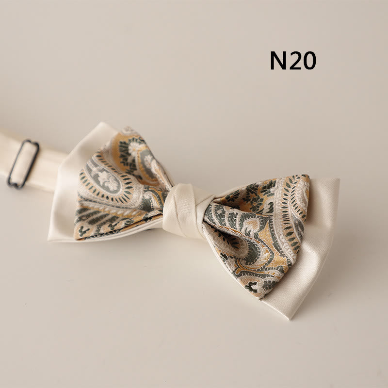 Beige Pattern Two-Layer Satin Adjustable Strap Bow Tie - Style #20 - image 21