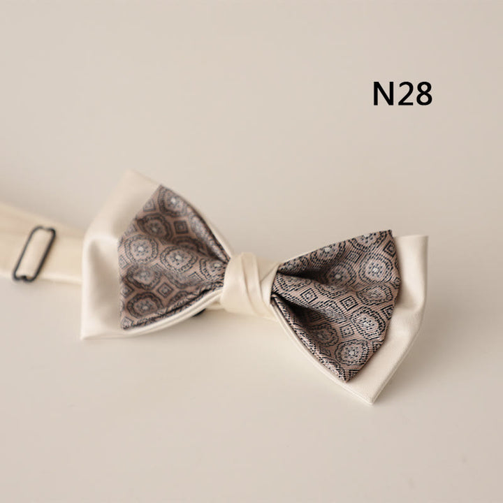 Beige Pattern Two-Layer Satin Adjustable Strap Bow Tie - Style #28 - image 29