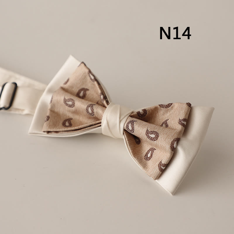 Beige Pattern Two-Layer Satin Adjustable Strap Bow Tie - Style #14 - image 15