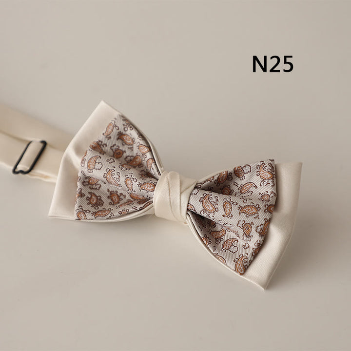 Beige Pattern Two-Layer Satin Adjustable Strap Bow Tie - Style #25 - image 26