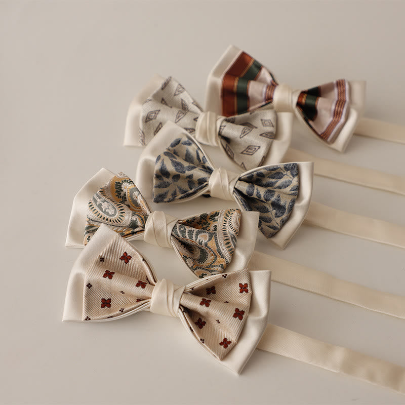 Beige Pattern Two-Layer Satin Adjustable Strap Bow Tie - image 2