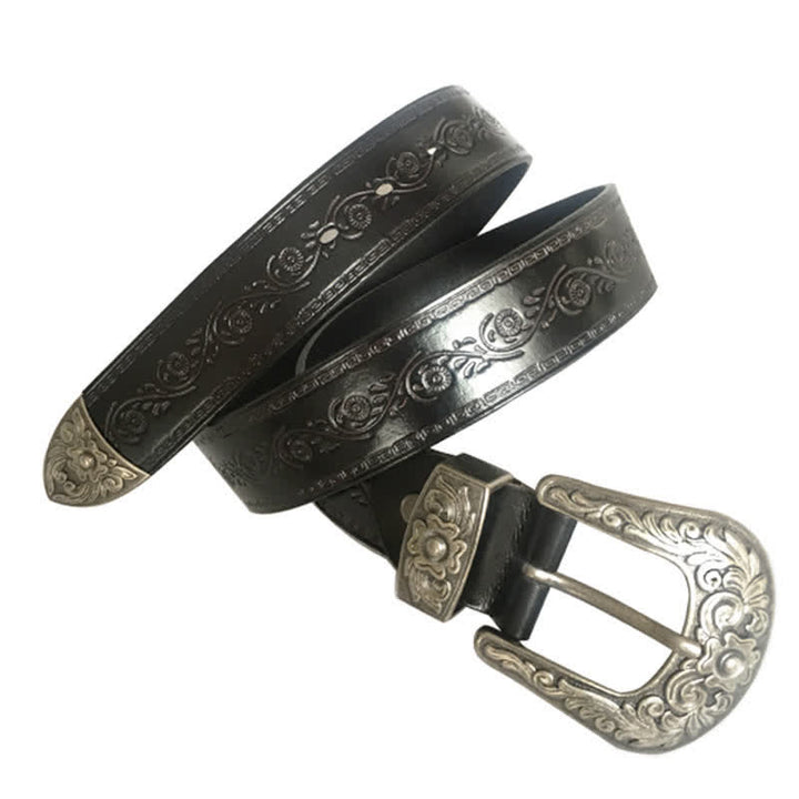 Rose Floral Carved Extra Long Plus Size Leather Belt - Black Flower #2 - 55 - image 7