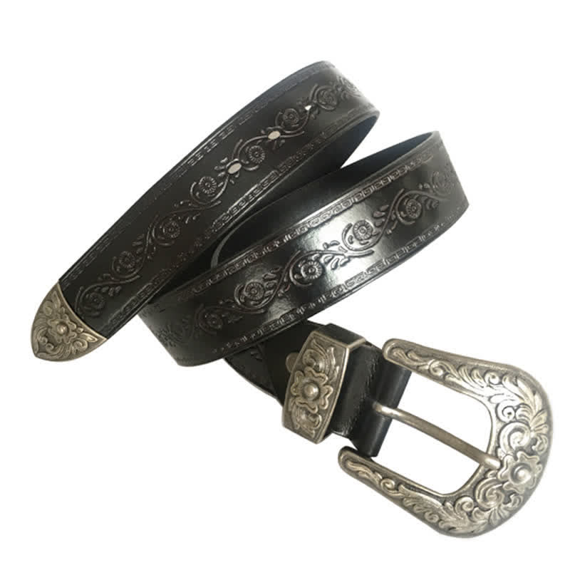 Rose Floral Carved Extra Long Plus Size Leather Belt - Black Flower #2 - 55 - image 7