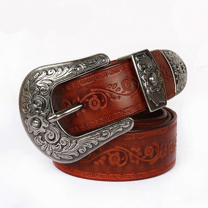 Rose Floral Carved Extra Long Plus Size Leather Belt - Dark Orange Flower - 55 - image 6