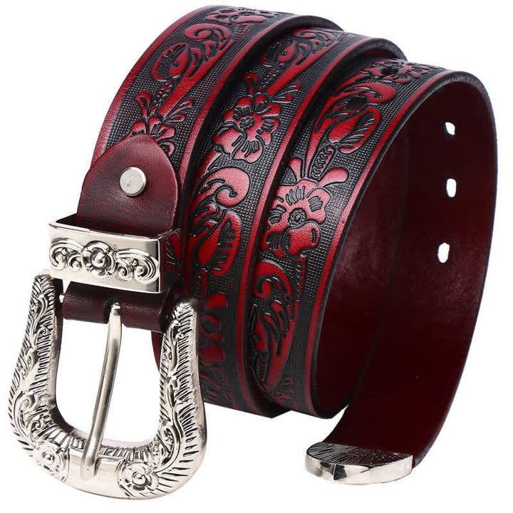 Rose Floral Carved Extra Long Plus Size Leather Belt - Red Rose - 55 - image 3