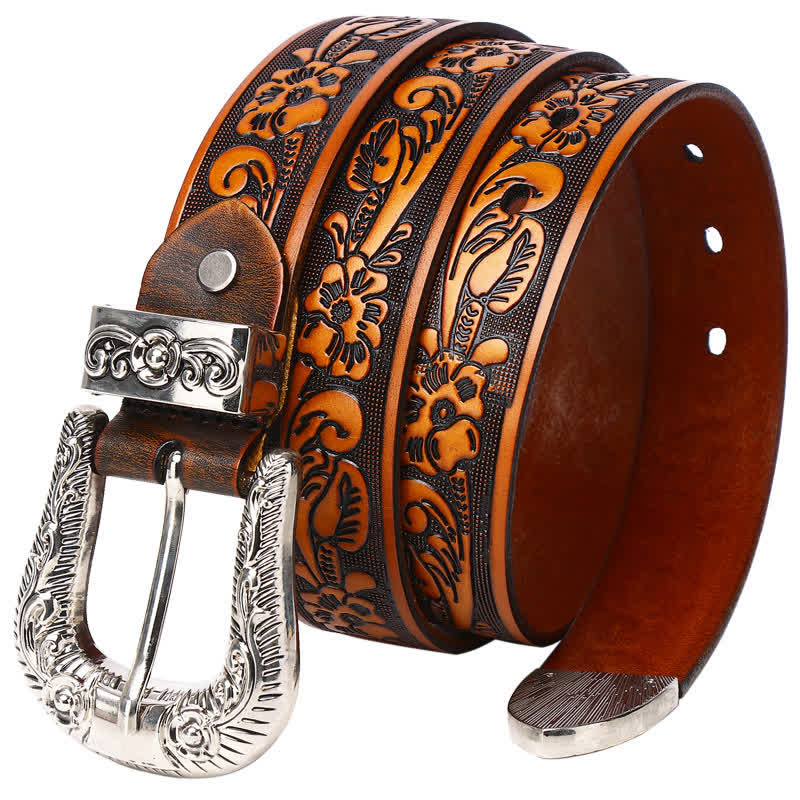 Rose Floral Carved Extra Long Plus Size Leather Belt - Orange Rose - 55 - image 0