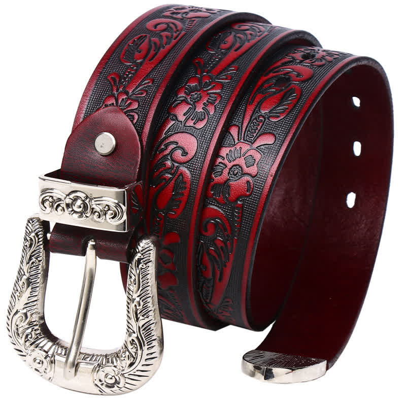 Rose Floral Carved Extra Long Plus Size Leather Belt - Red Rose - 55 - image 3