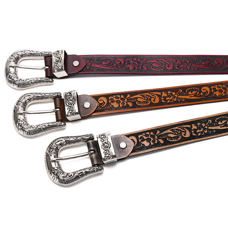 Rose Floral Carved Extra Long Plus Size Leather Belt - image 1
