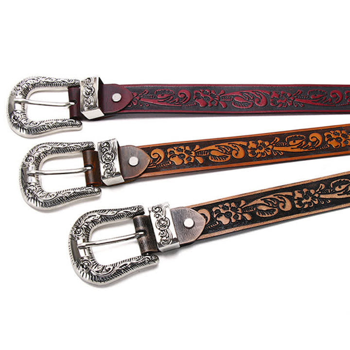 Rose Floral Carved Extra Long Plus Size Leather Belt - image 1