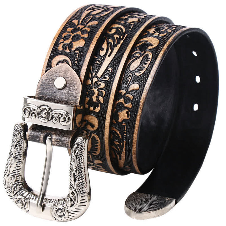 Rose Floral Carved Extra Long Plus Size Leather Belt - Black Rose - 55 - image 2