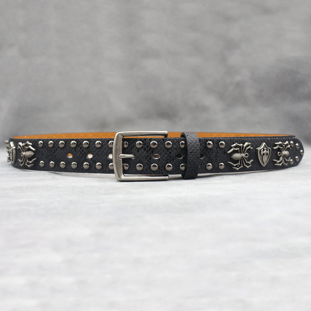 Spider Shape Studded Snakeskin Pattern Leather Belt