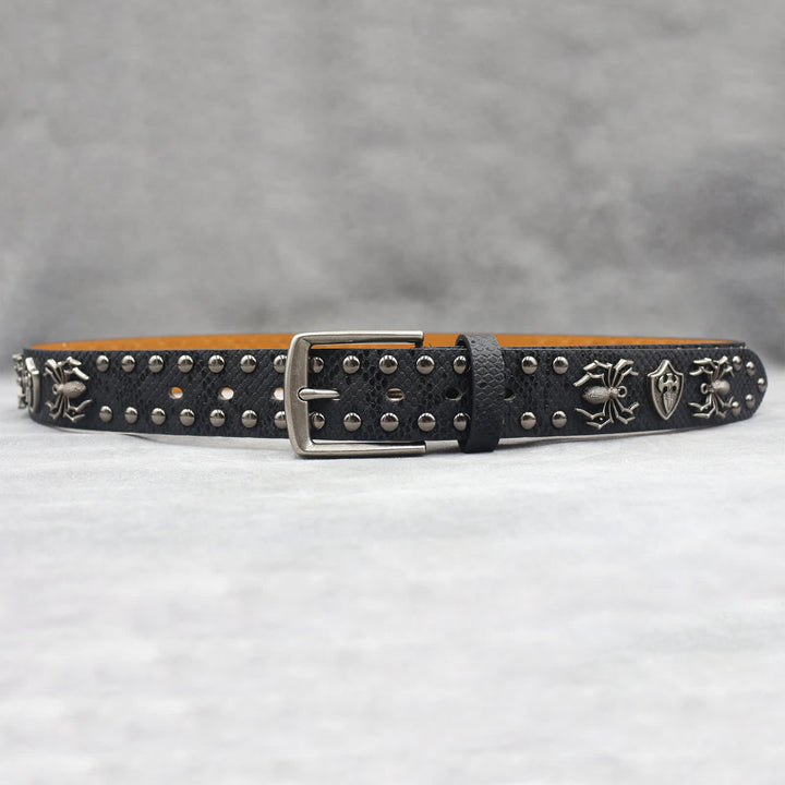 Spider Shape Studded Snakeskin Pattern Leather Belt