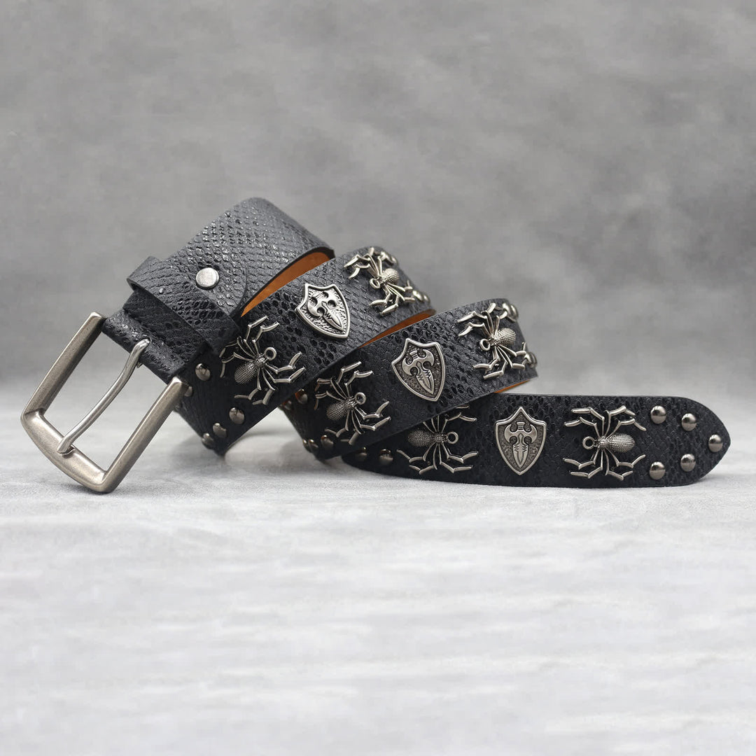 Spider Shape Studded Snakeskin Pattern Leather Belt