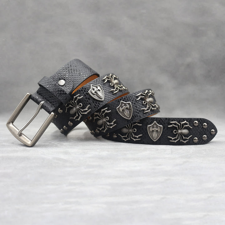 Spider Shape Studded Snakeskin Pattern Leather Belt - image 1