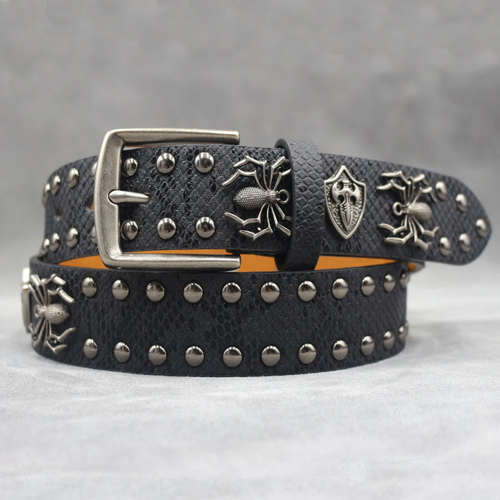 Spider Shape Studded Snakeskin Pattern Leather Belt