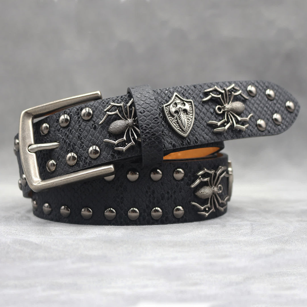 Spider Shape Studded Snakeskin Pattern Leather Belt