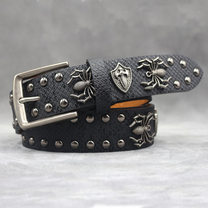 Spider Shape Studded Snakeskin Pattern Leather Belt