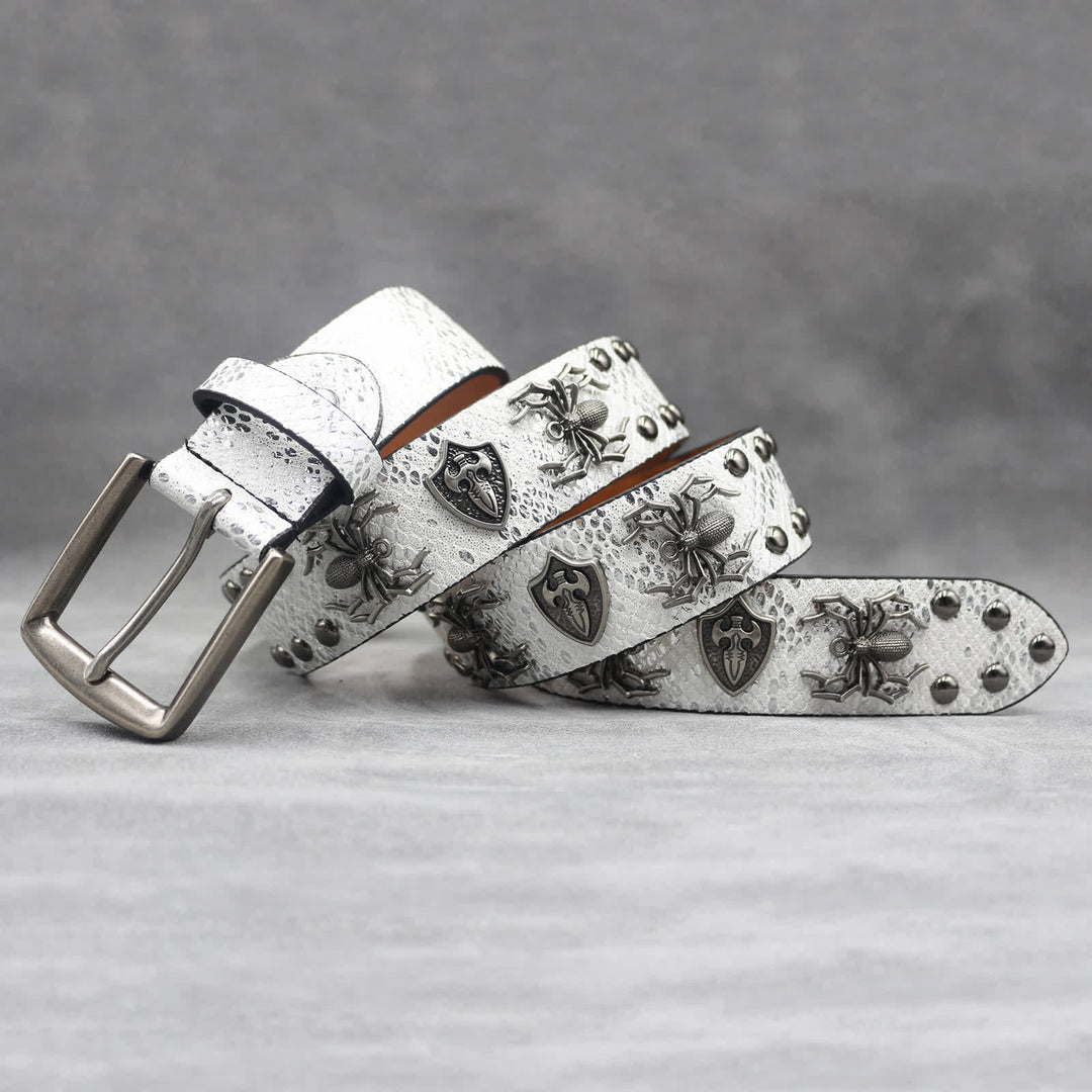 Spider Shape Studded Snakeskin Pattern Leather Belt
